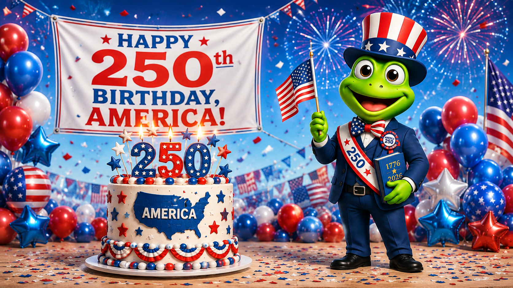 A cheerful patriotic frog mascot celebrates America&rsquo;s 250th birthday in a festive red, white, and blue party scene. The frog wears an Uncle Sam-style hat and patriotic outfit while standing beside a decorated America 250 cake, balloons, flags, fireworks, and a &ldquo;Happy 250th Birthday, America!&rdquo; banner.